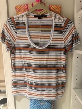 Veronica Beard Striped T Shirt with Buttons XS